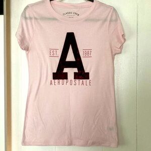 Aeropostale pink with burgundy “A” classic crew t shirt size L.